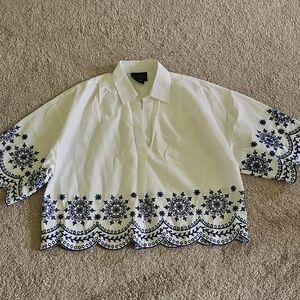 White and Blue Embroidered Crop Top